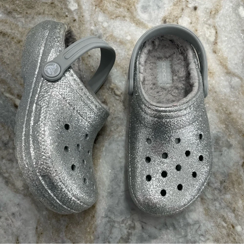 Crocs Classic Glitter Lined Clogs 'Silver Grey' 205937-00N Size C12 Toddler